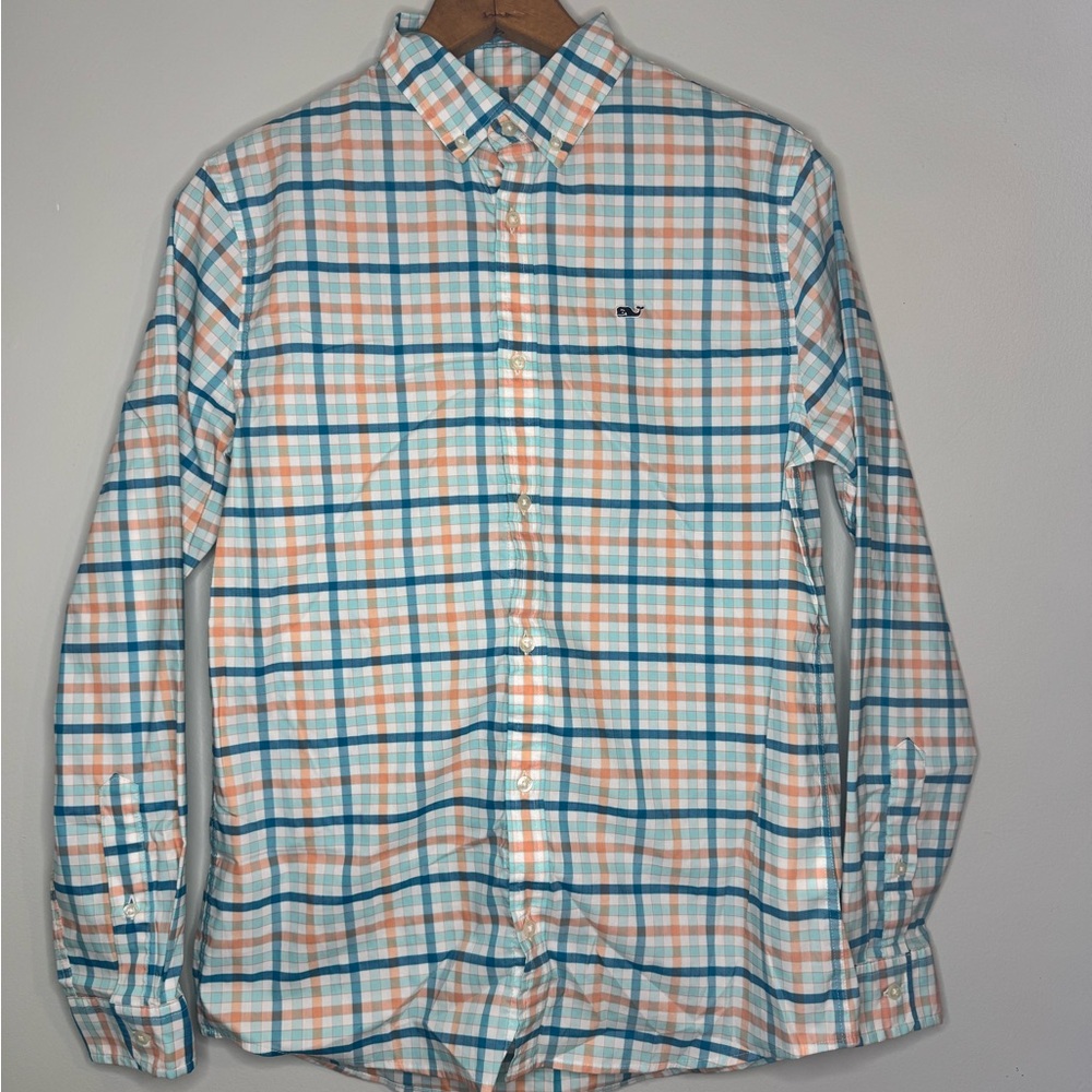 Vineyard Vines On-The-Go Brrr Button-Up Shirt | Turquoise Peach Plaid Preppy